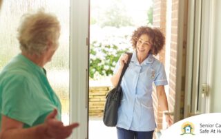 A caregiver comes in to see a client at home representing senior home care and the services offered.