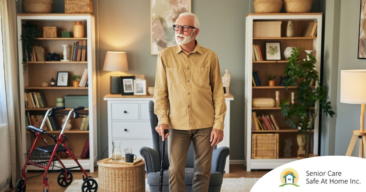 Fall prevention for Seniors Home Safety Exploring fall prevention for seniors — an elderly man stands in a safely arranged room.
